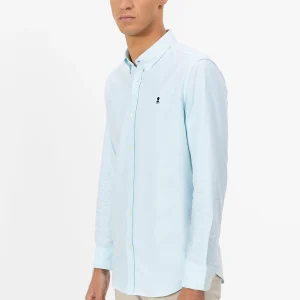 Camisa cuello botón oxford azul turquesa