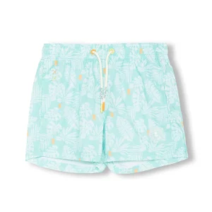 BAÑADOR NIÑO ESTAMPADO SILUETAS HOJAS AZUL TURQUESA